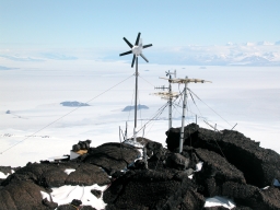 Ampair 100 wind turbine producing power for scientific data monitoring in Antarctica
